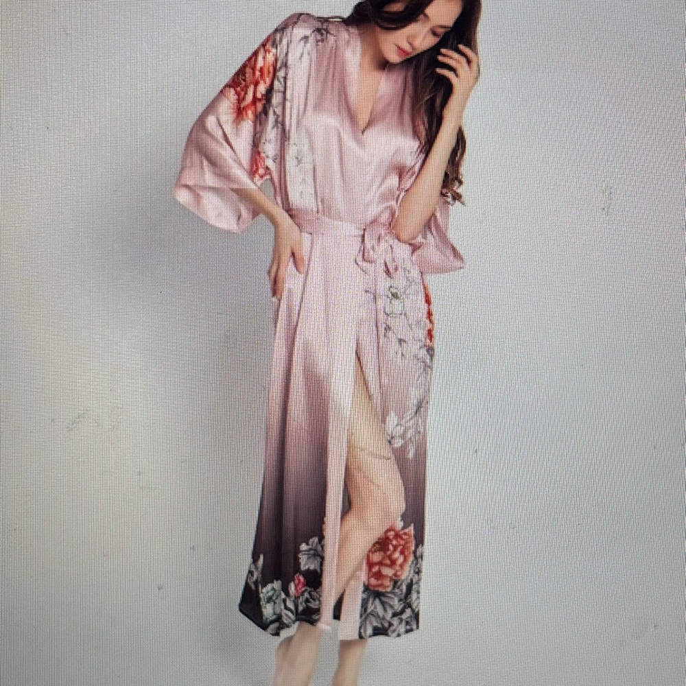 Pink Floral Satin Robe with Bell Sleeves